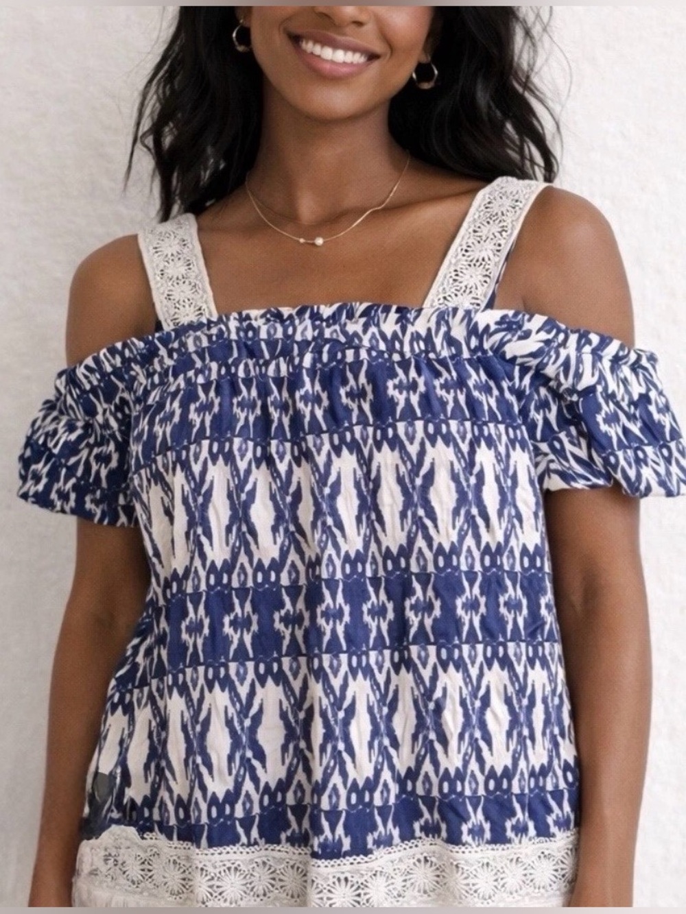 Live & Let Live Blue Ikat Print Off Shoulder Blouse Crochet Straps Fringe PXL